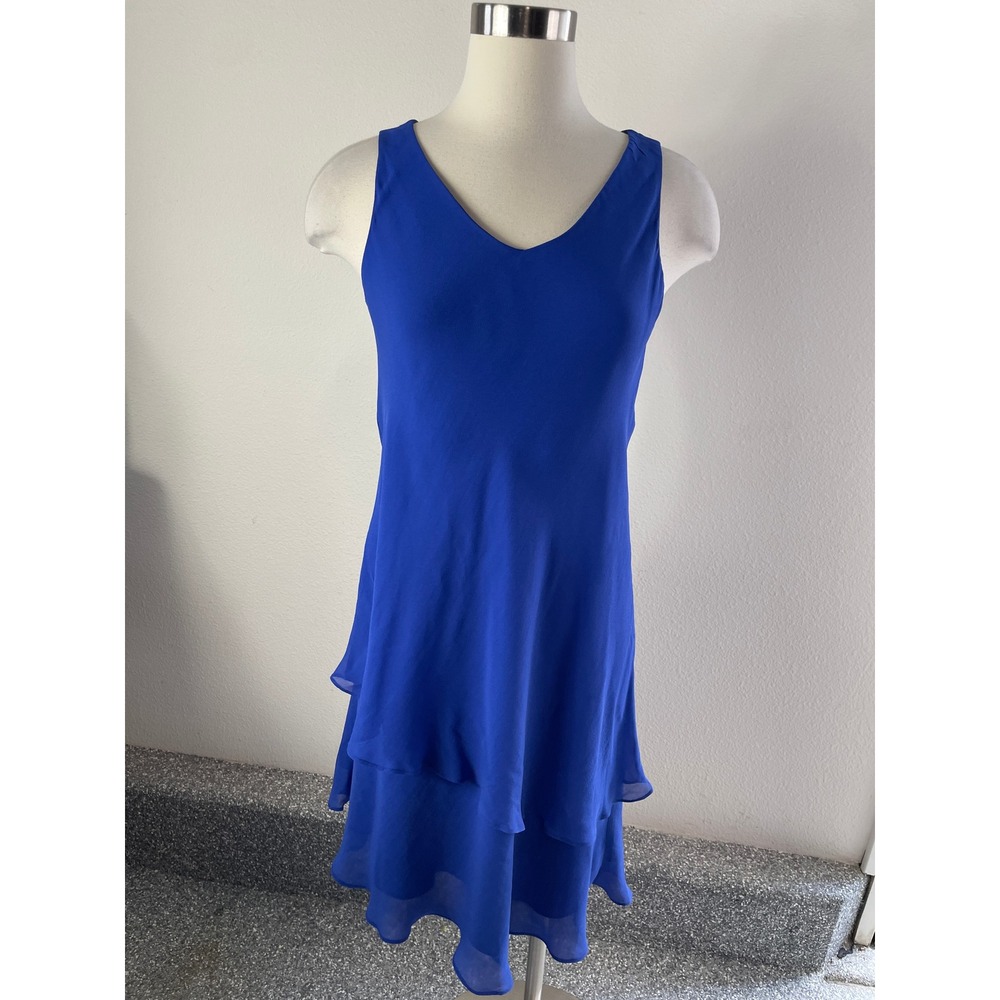 Eileen Fisher Womens XS Blue 100% Silk Tiered Layered Sleeveless V Neck Dress